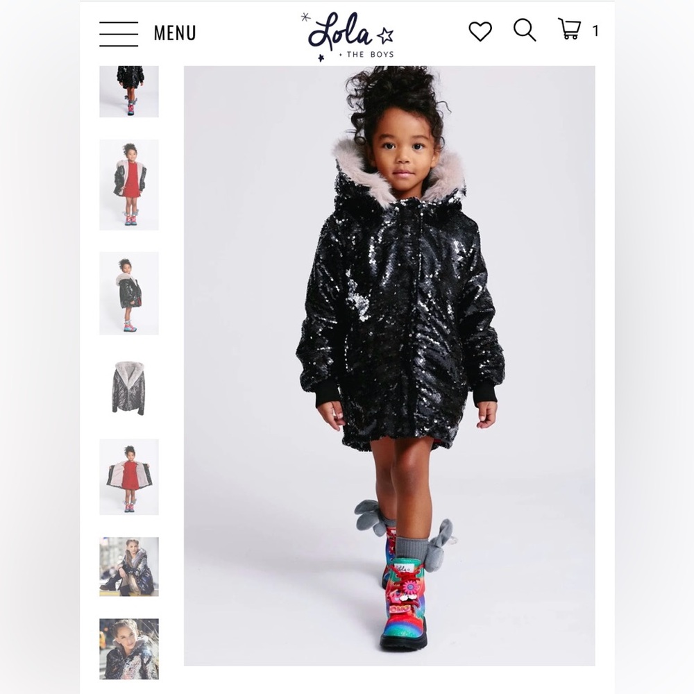 Lola and the Boys - black Sequin Kids Parka with Faux Fur lining